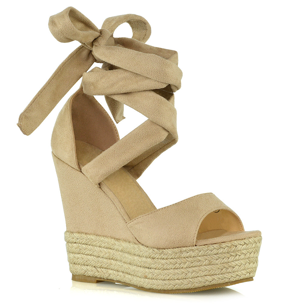 Sansa Strappy Lace up Woven Effect Platform High Heel Sandal Wedges In Denim