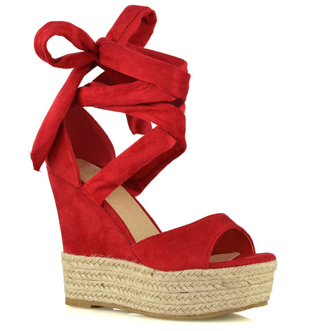 Sansa Strappy Lace up Woven Effect Platform High Heel Sandal Wedges In Denim