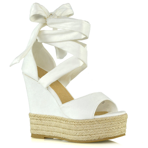 Sansa Strappy Lace up Woven Effect Platform High Heel Sandal Wedges In Denim