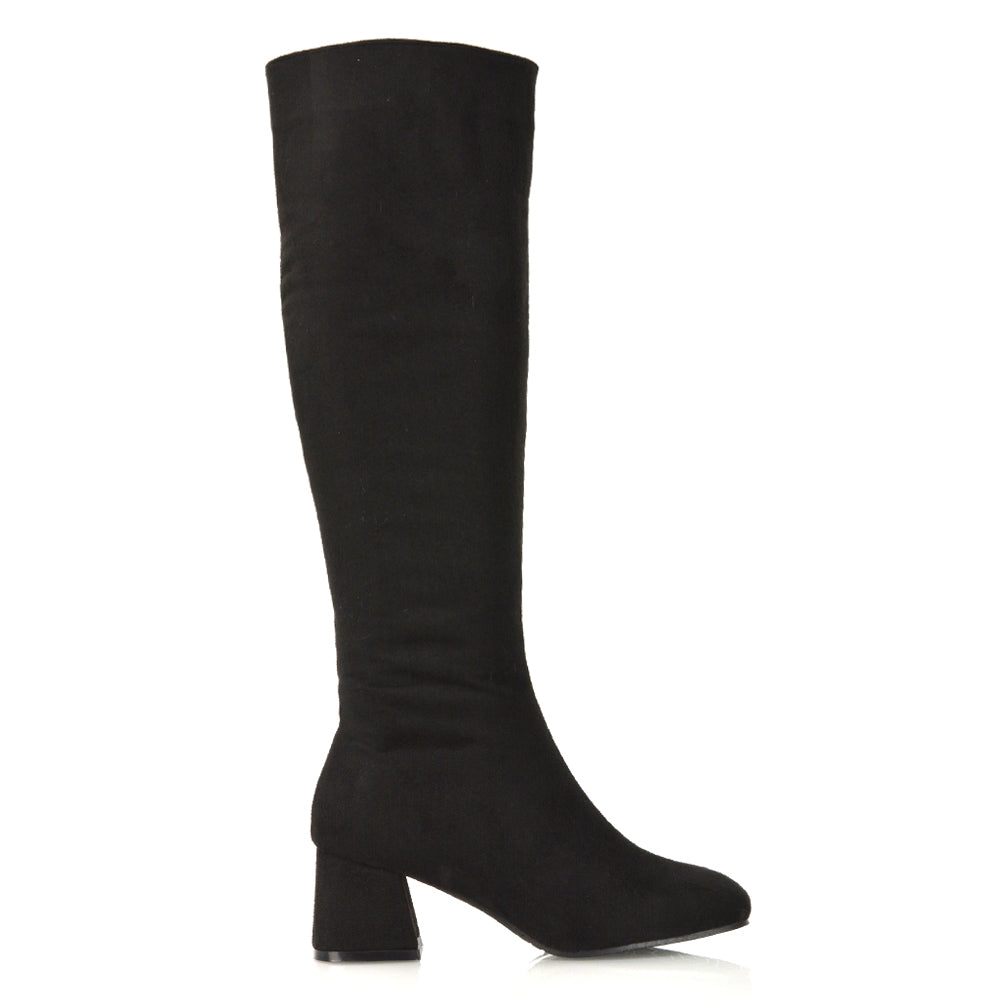 Kaia Flared Block High Heel Below The Knee High Boots With Heel in Taupe Faux Suede