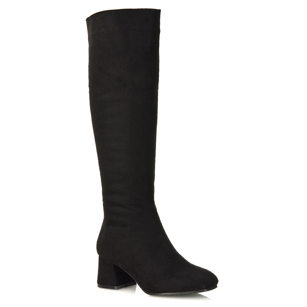 Kaia Flared Block High Heel Below The Knee High Boots With Heel in Black Faux Suede