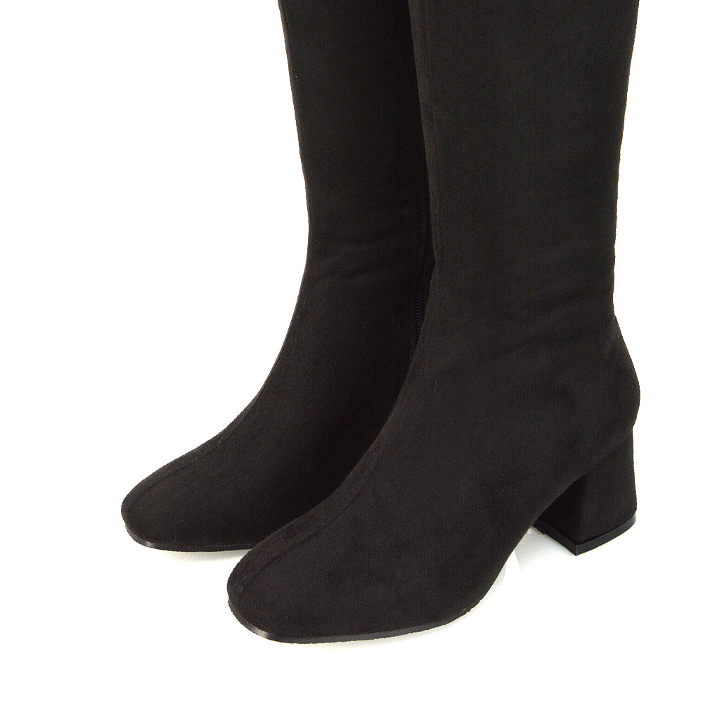 Kaia Flared Block High Heel Below The Knee High Boots With Heel in Black Faux Suede
