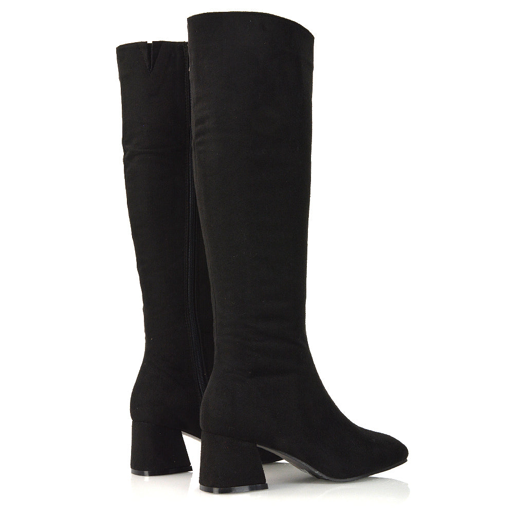 Kaia Flared Block High Heel Below The Knee High Boots With Heel in Taupe Faux Suede