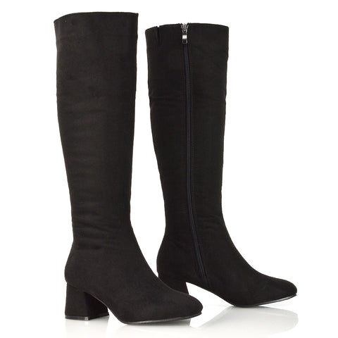 Kaia Flared Block High Heel Below The Knee High Boots With Heel in Taupe Faux Suede