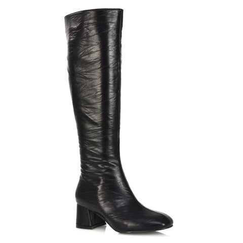 Kaia Flared Block High Heel Below The Knee High Boots With Heel in Black Faux Suede