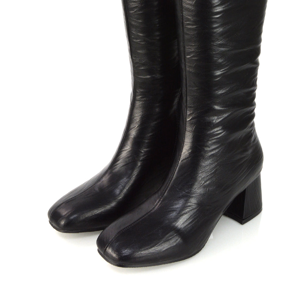 Kaia Flared Block High Heel Below The Knee High Boots With Heel in Black Faux Suede