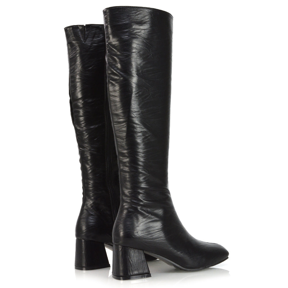 Kaia Flared Block High Heel Below The Knee High Boots With Heel in Black Faux Suede