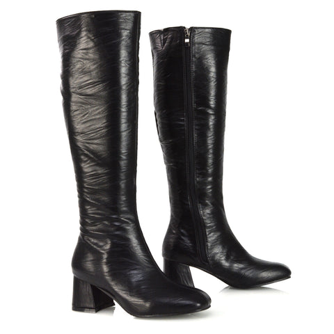 Kaia Flared Block High Heel Below The Knee High Boots With Heel in Black Faux Suede