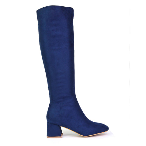 Kaia Knee High Boots With Heel In Navy Faux Suede