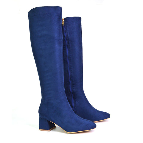 Kaia Knee High Boots With Heel In Navy Faux Suede