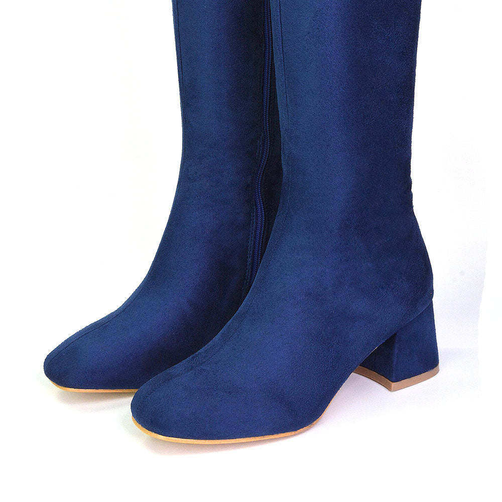 Kaia Knee High Boots With Heel In Navy Faux Suede