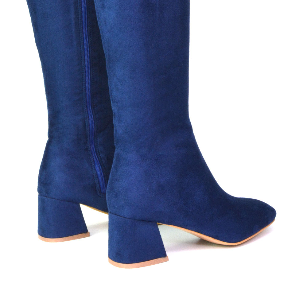 Kaia Knee High Boots With Heel In Navy Faux Suede