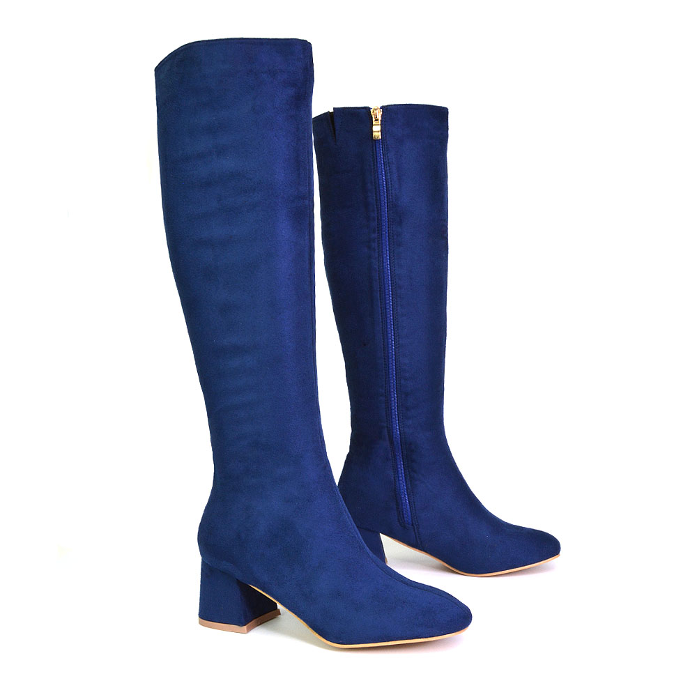 Kaia Knee High Boots With Heel In Navy Faux Suede