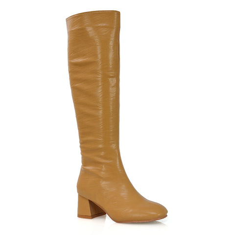 Kaia Flared Block High Heel Below The Knee High Boots With Heel in Taupe Faux Suede