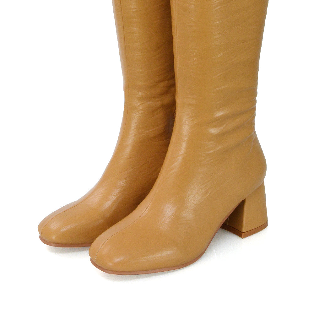 Kaia Flared Block High Heel Below The Knee High Boots With Heel in Taupe Faux Suede