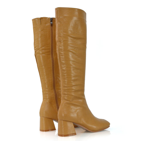 Kaia Flared Block High Heel Below The Knee High Boots With Heel in Taupe Faux Suede