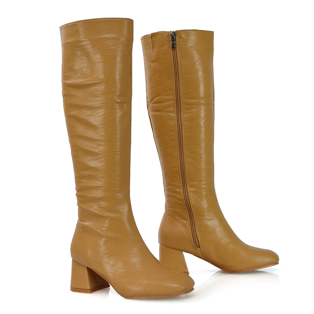 Kaia Flared Block High Heel Below The Knee High Boots With Heel in Taupe Faux Suede