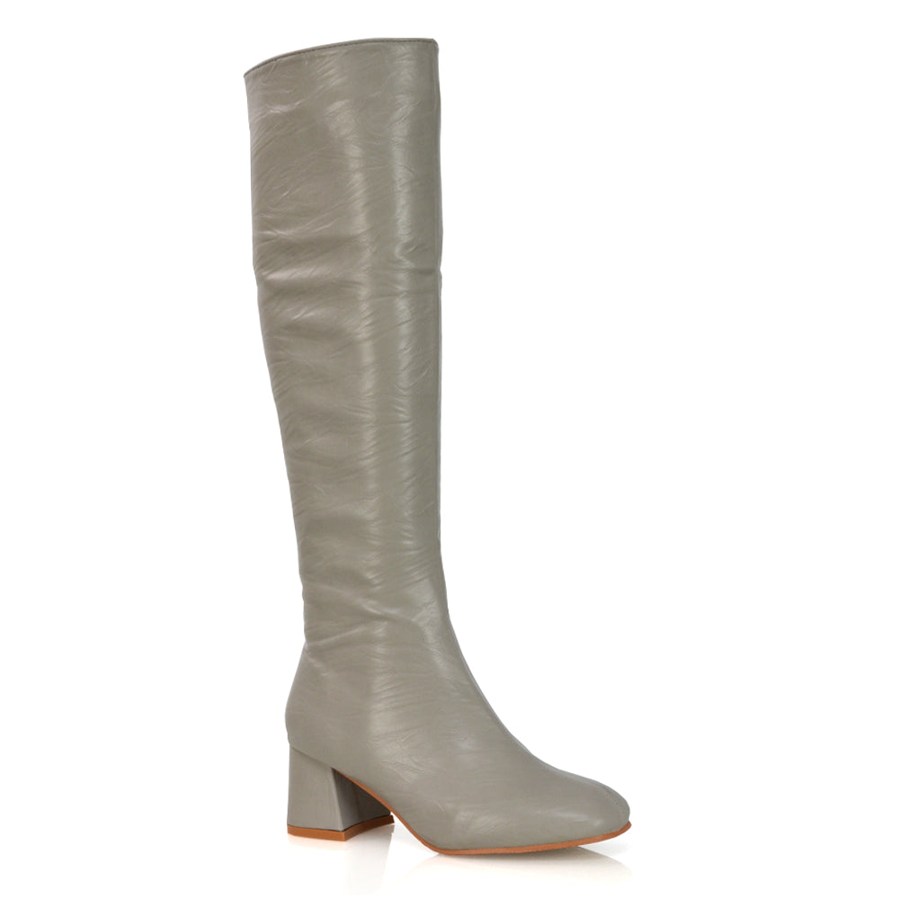 Kaia Flared Block High Heel Below The Knee High Boots With Heel in Taupe Faux Suede