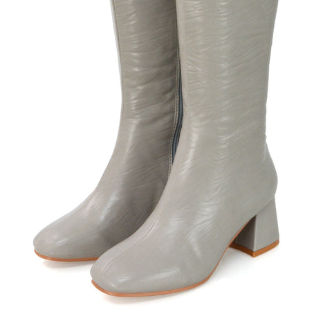 Kaia Flared Block High Heel Below The Knee High Boots With Heel in Taupe Faux Suede