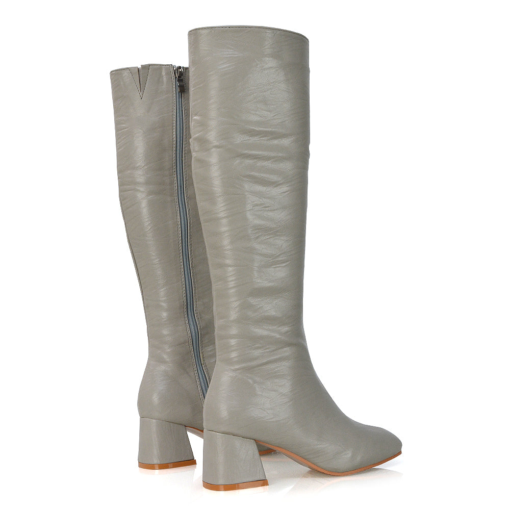 Kaia Flared Block High Heel Below The Knee High Boots With Heel in Taupe Faux Suede