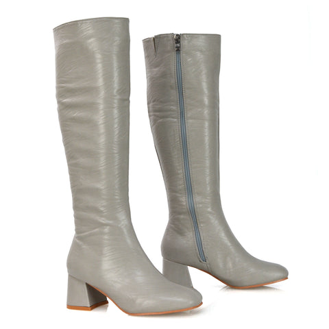 Kaia Flared Block High Heel Below The Knee High Boots With Heel in Taupe Faux Suede