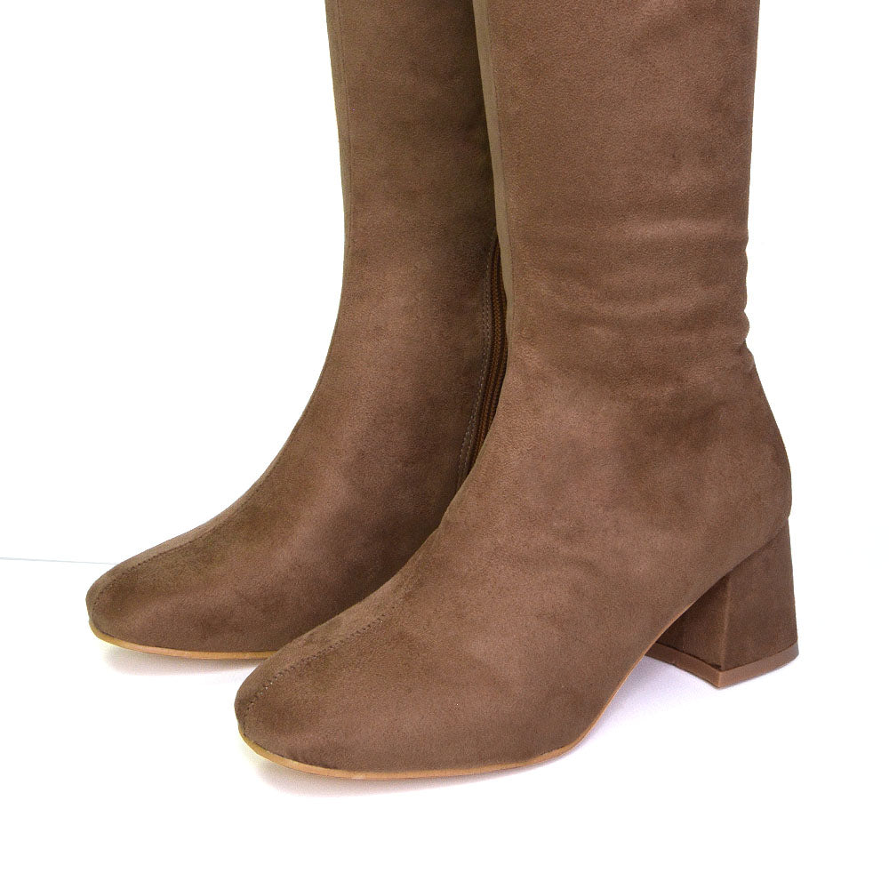 Kaia Flared Block High Heel Below The Knee High Boots With Heel in Taupe Faux Suede