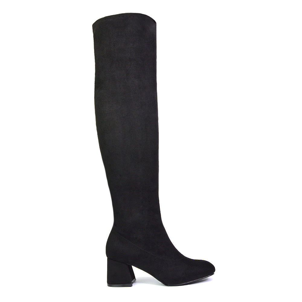 Emmett Flared Mid Block Heel Over the Knee Boots In Black Faux Suede