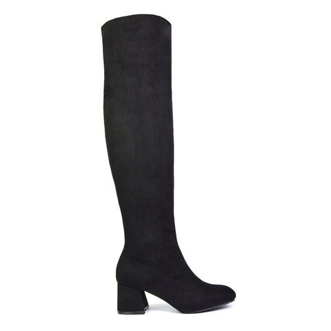 Emmett Flared Mid Block Heel Over the Knee Boots In Pink Synthetic Leather