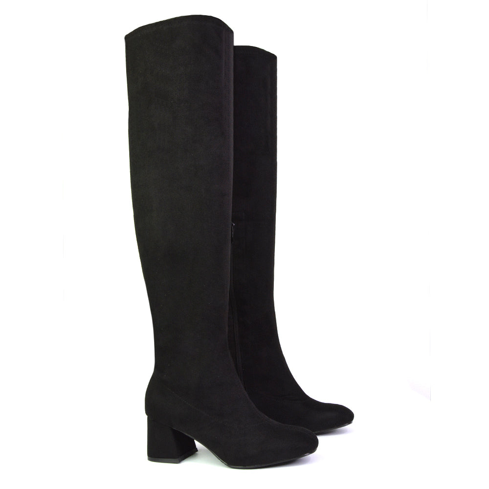 Emmett Flared Mid Block Heel Over the Knee Boots In Black Faux Suede