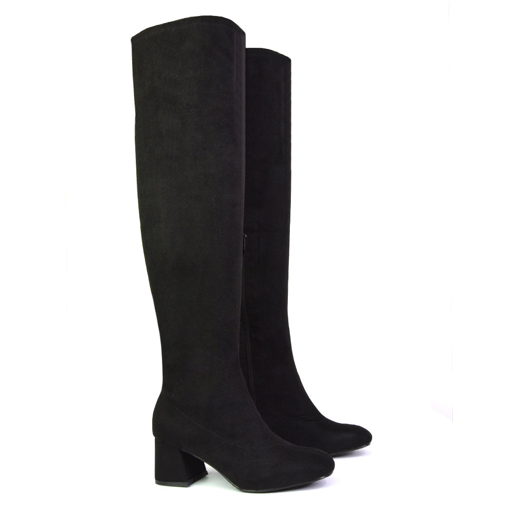 Emmett Flared Mid Block Heel Over the Knee Boots In Black Synthetic Leather
