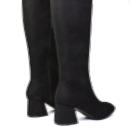 Emmett Flared Mid Block Heel Over the Knee Boots In Black Faux Suede