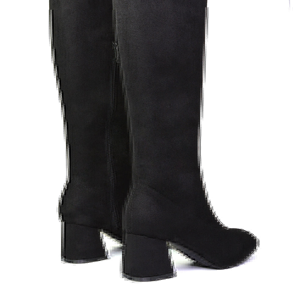 Emmett Flared Mid Block Heel Over the Knee Boots In Black Synthetic Leather