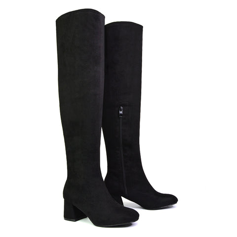 Emmett Flared Mid Block Heel Over the Knee Boots In Black Faux Suede