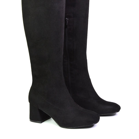 Emmett Flared Mid Block Heel Over the Knee Boots In Black Faux Suede