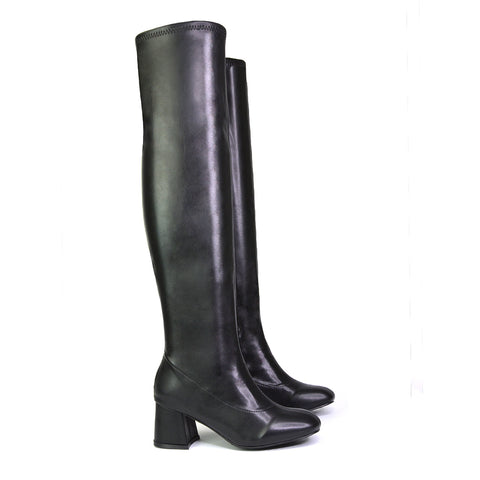 Emmett Flared Mid Block Heel Over the Knee Boots In Black Faux Suede