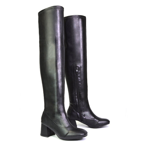 Emmett Flared Mid Block Heel Over the Knee Boots In Silver Metallic