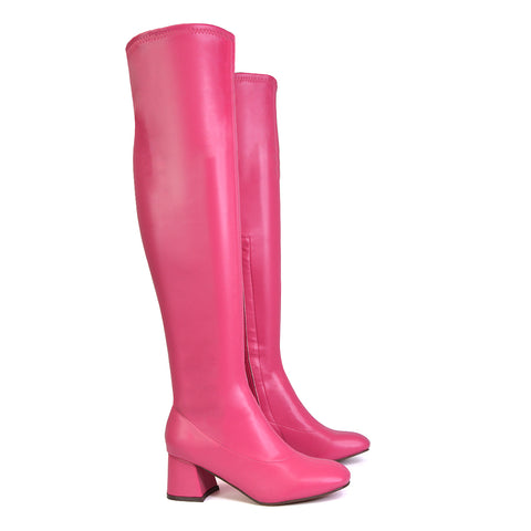 Emmett Flared Mid Block Heel Over the Knee Boots In Pink Synthetic Leather