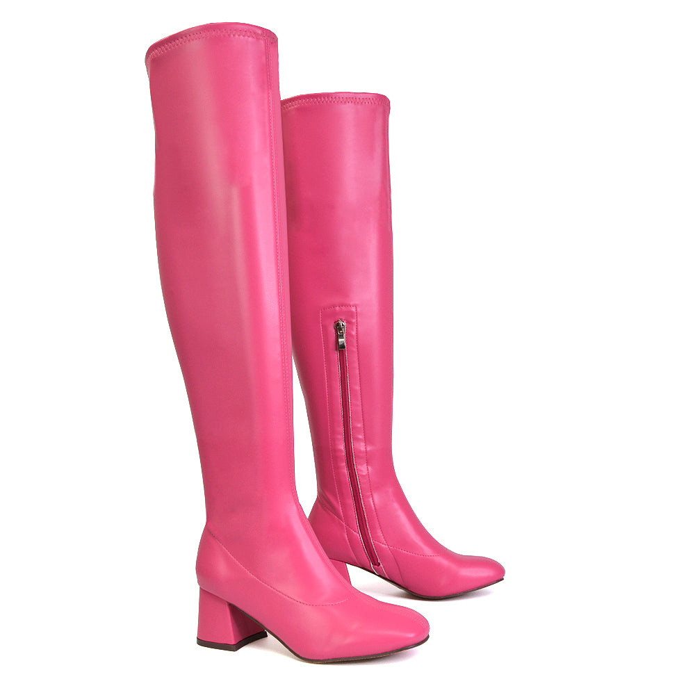 Emmett Flared Mid Block Heel Over the Knee Boots In Pink Synthetic Leather