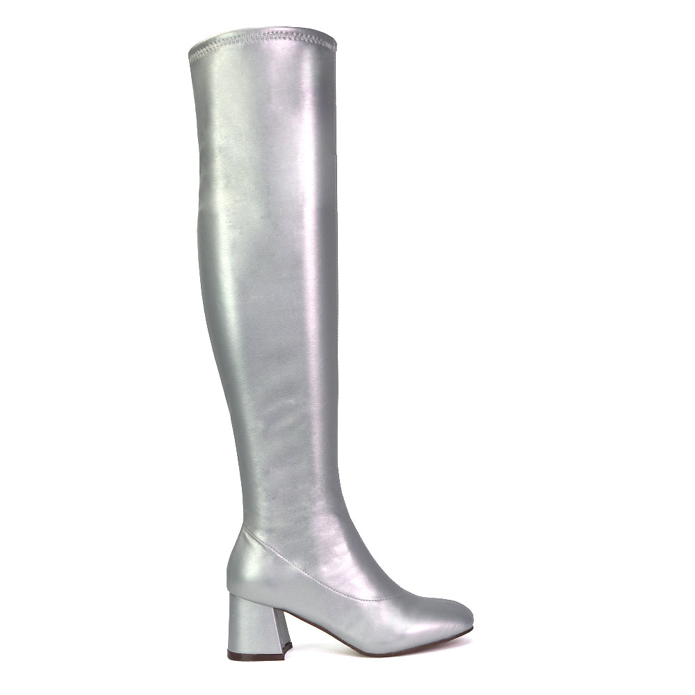 Emmett Flared Mid Block Heel Over the Knee Boots In Silver Metallic