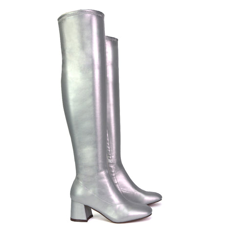 Emmett Flared Mid Block Heel Over the Knee Boots In Silver Metallic