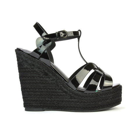 Alexis Strappy Espadrille Platform Wedge Heel Sandals in Black Patent
