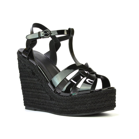 Alexis Strappy Espadrille Platform Wedge Heel Sandals in Black Patent