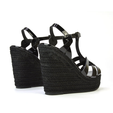 Alexis Strappy Espadrille Platform Wedge Heel Sandals in Nude Patent