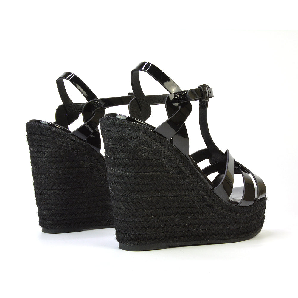 Alexis Strappy Espadrille Platform Wedge Heel Sandals in Black Patent