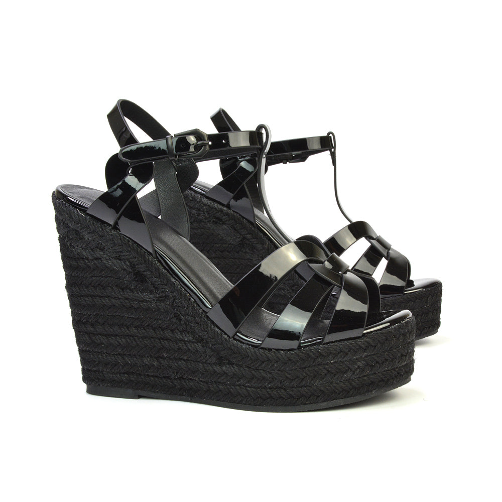 Alexis Strappy Espadrille Platform Wedge Heel Sandals in Black Patent