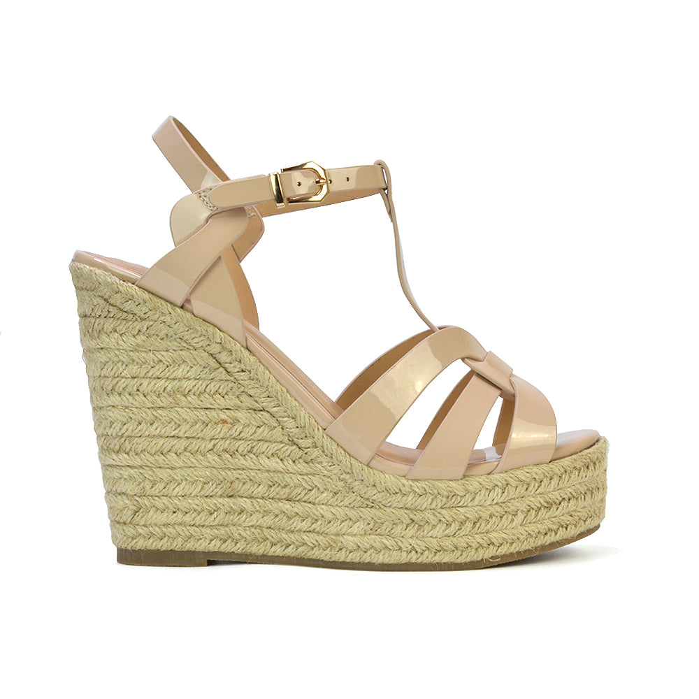 Alexis Strappy Espadrille Platform Wedge Heel Sandals in White Patent