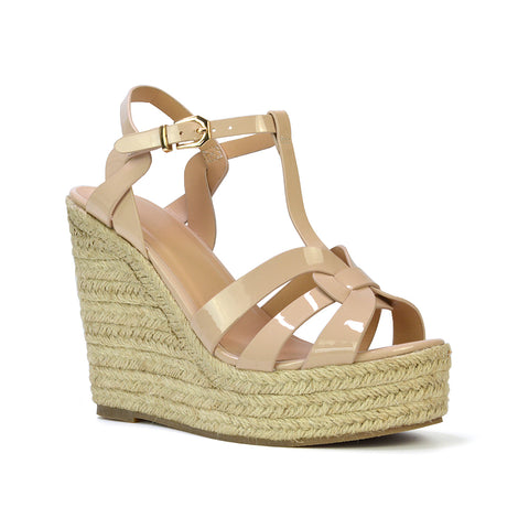 Alexis Strappy Espadrille Platform Wedge Heel Sandals in White Patent