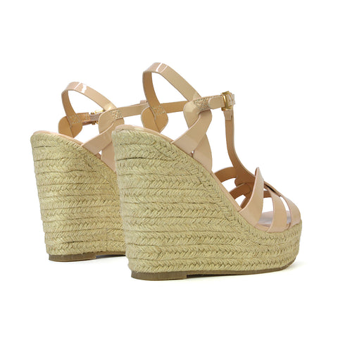 Alexis Strappy Espadrille Platform Wedge Heel Sandals in White Patent