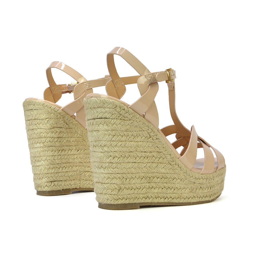 Alexis Strappy Espadrille Platform Wedge Heel Sandals in Nude Patent