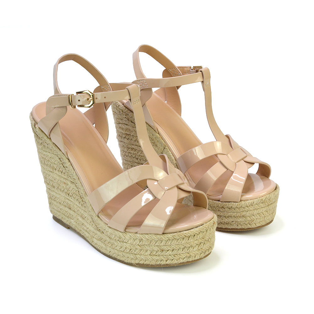 Alexis Strappy Espadrille Platform Wedge Heel Sandals in Nude Patent